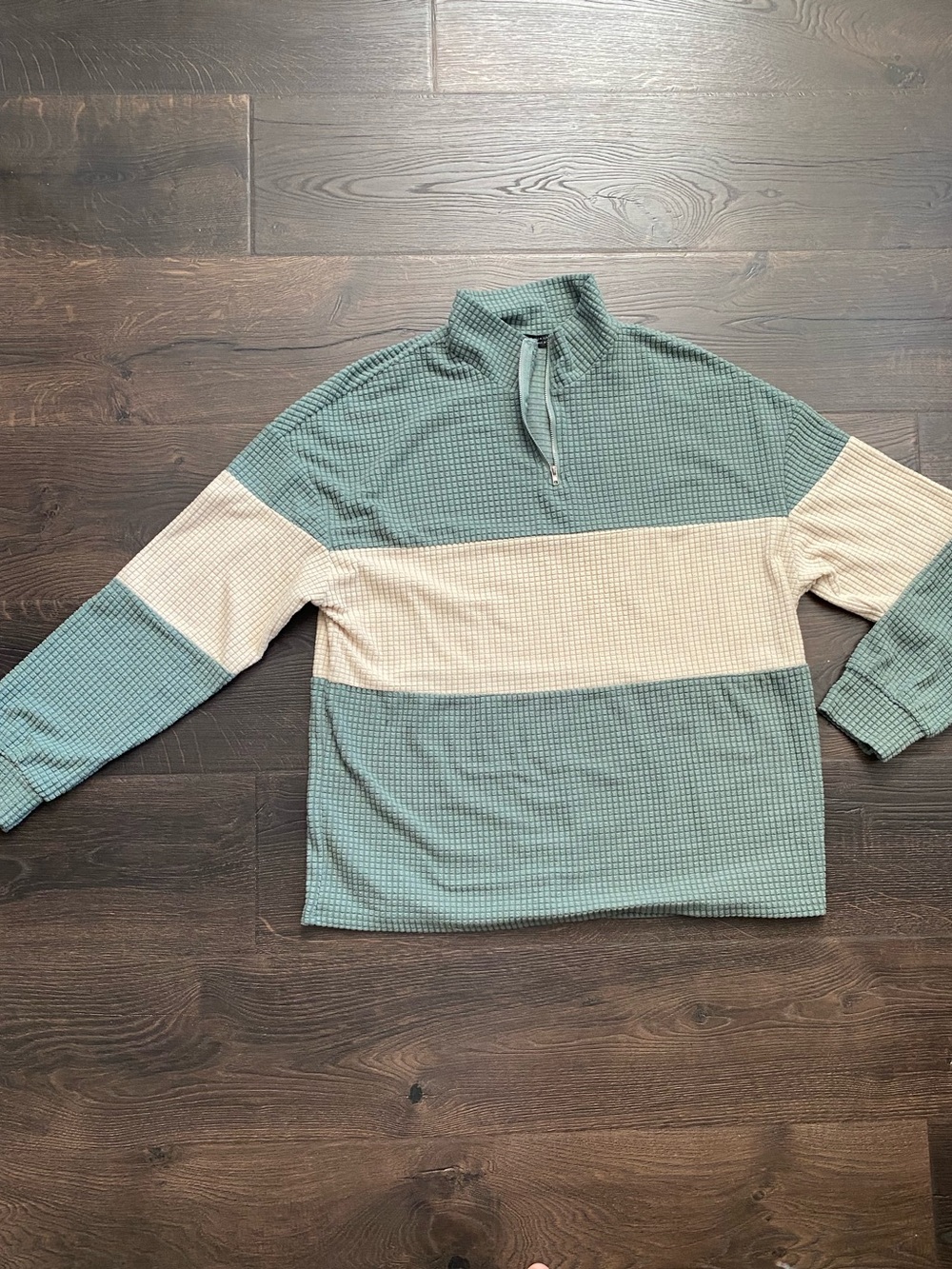 SHEIN woman’s Zip-Up Waffle Knit Sweater in Teal and Cream